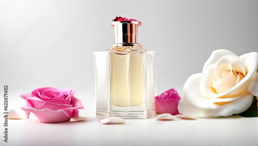 Perfume bottle with rose flowers and petals on light background. Generative AI Perfume bottle with rose flowers and petals on light background. Generative AI
