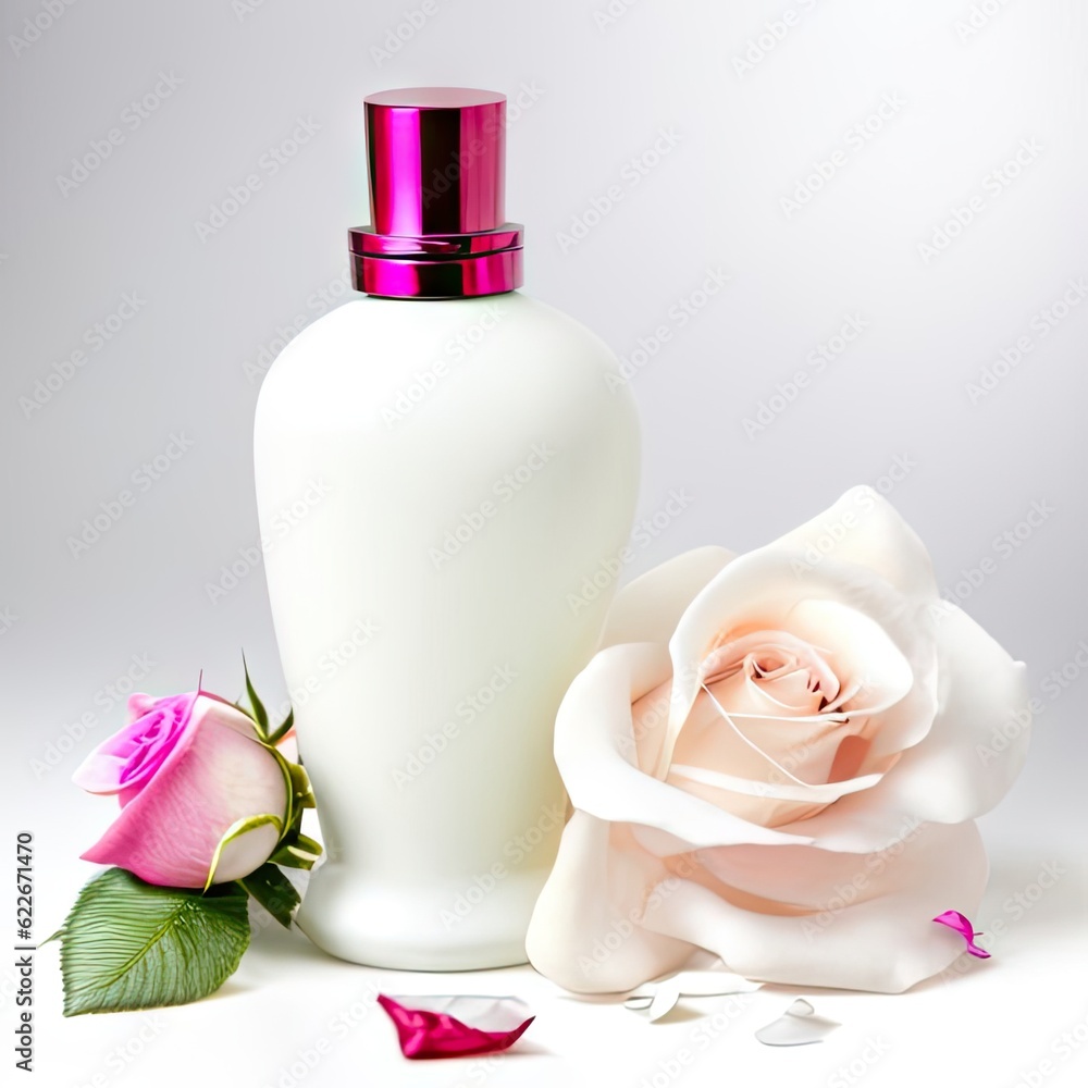 Perfume bottle with rose flowers and petals on light background. Generative AI Perfume bottle with rose flowers and petals on light background. Generative AI