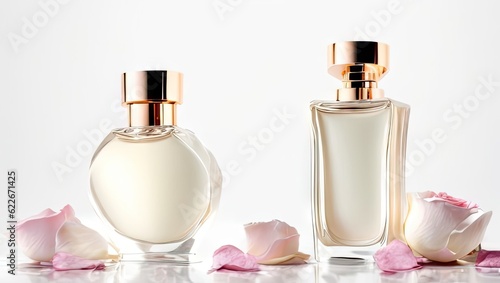 Perfume bottles with rose flowers and petals on light background. Generative AI