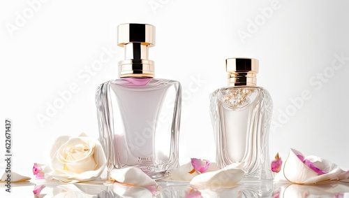 Perfume bottles with rose flowers and petals on light background. Generative AI