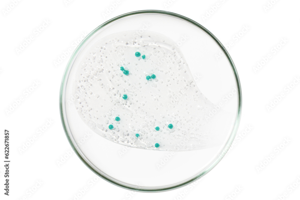 Petri dish isolated on empty background. A smear of a transparent gel, serum in a Petri dish.