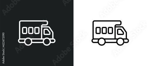 camper car outline icon in white and black colors. camper car flat vector icon from transportation collection for web, mobile apps and ui.