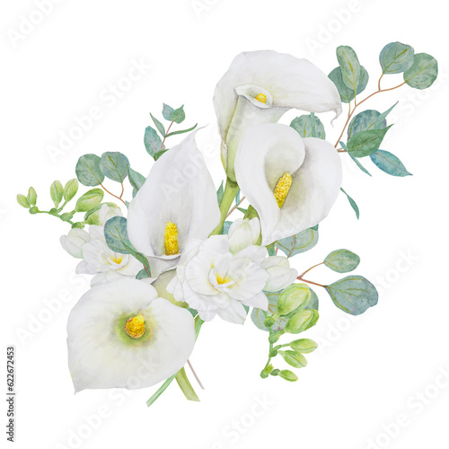 Foto Watercolor clipart of white calla lily, freesia flowers and eucaliptus branch