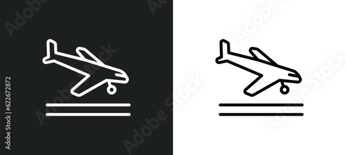 arriving airplane outline icon in white and black colors. arriving airplane flat vector icon from transport collection for web, mobile apps and ui.