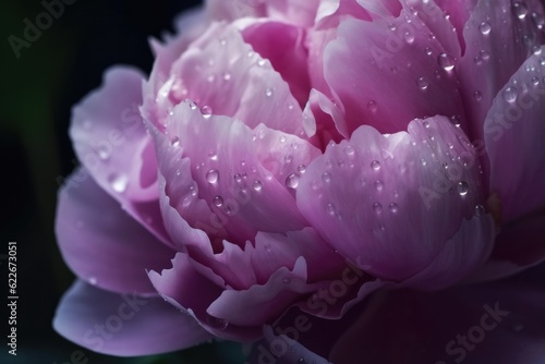 Close up natural background with beautiful water drops on a pink and lilac petal peony. Ai generative.