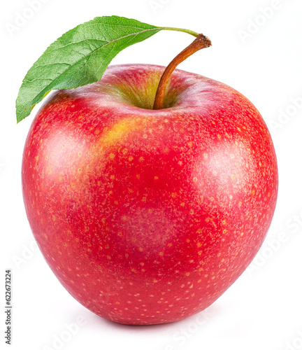 Ripe perfect red apple with green leaf isolated on white background.