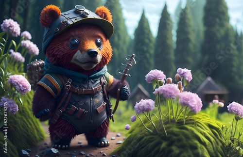 Adventurer teddy bear in the spring forest, Generative AI