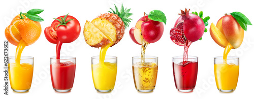 Collection of juice glasses and fresh juice pouring from fruits into the glasses on white background.