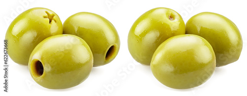 Three pitted olives and three whole olives isolated on white background.