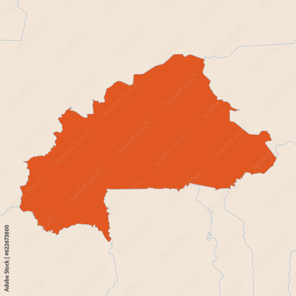 Obraz premium Map of the country of Burkina Faso highlighted in orange isolated on a beige blue background