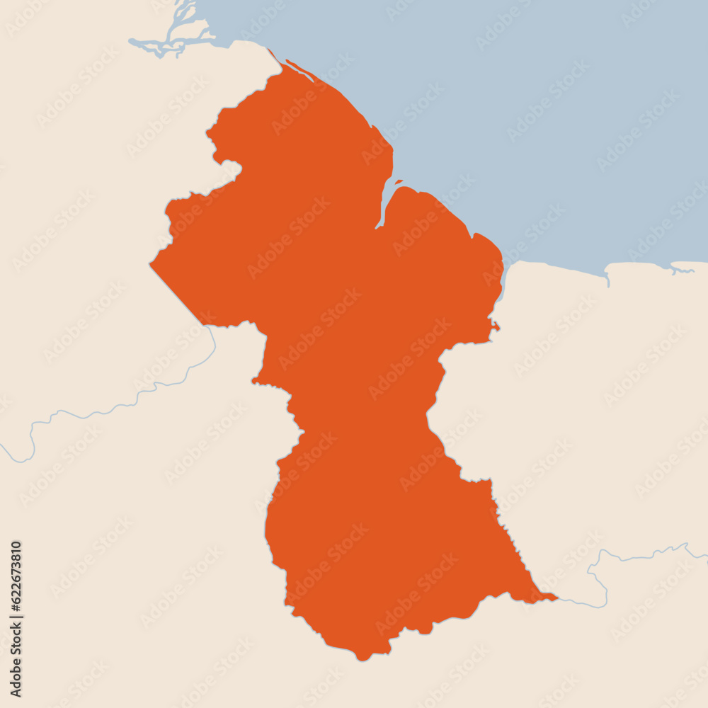 Map of the country of Guyana highlighted in orange isolated on a beige blue background