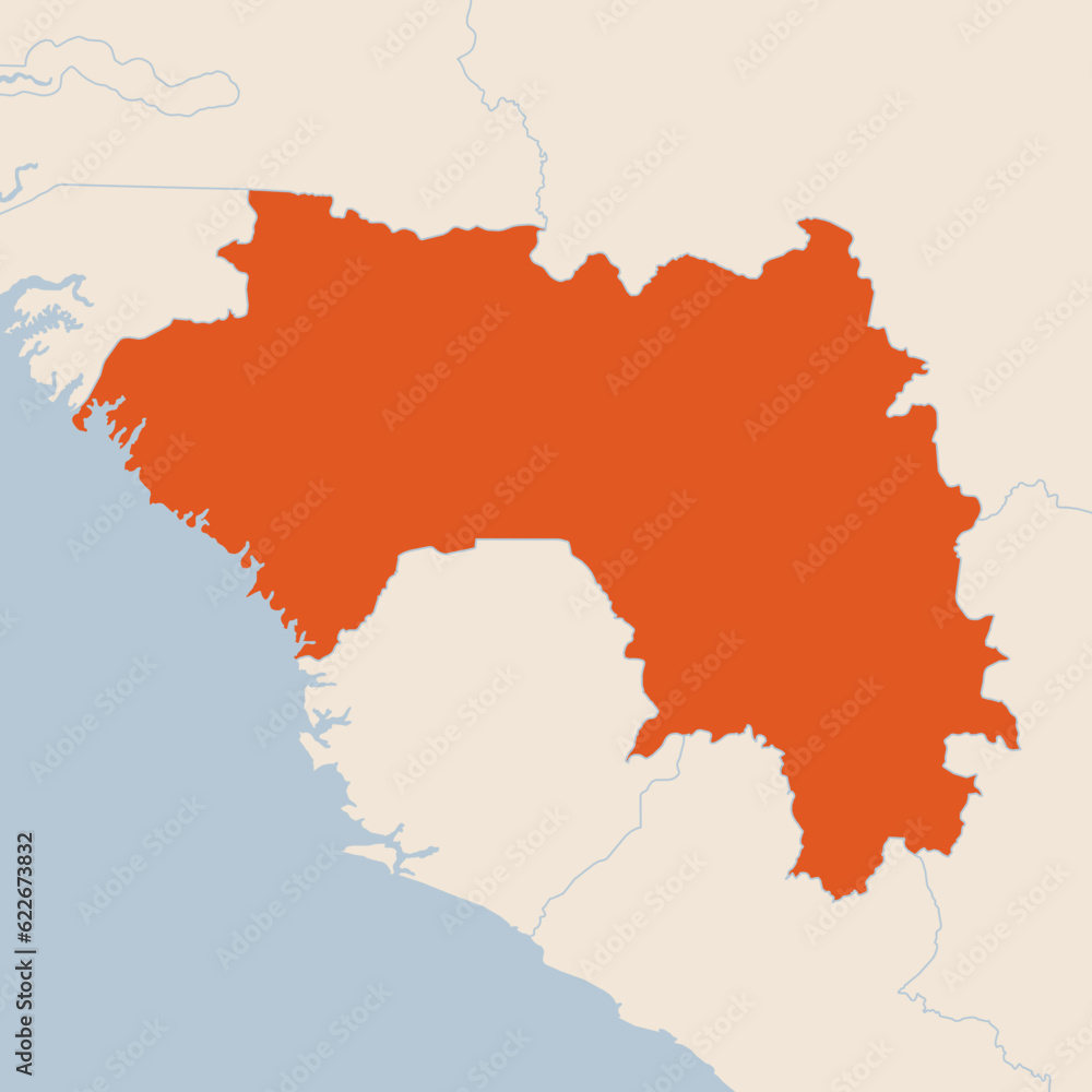 Map of the country of Guinea highlighted in orange isolated on a beige blue background