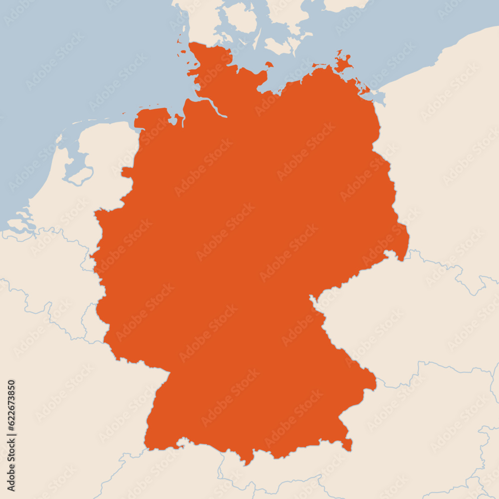 Map of the country of Germany highlighted in orange isolated on a beige blue background