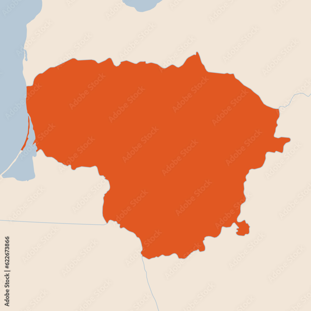 Map of the country of Lithuania highlighted in orange isolated on a beige blue background Map of the country of Lithuania highlighted in orange isolated on a beige blue background