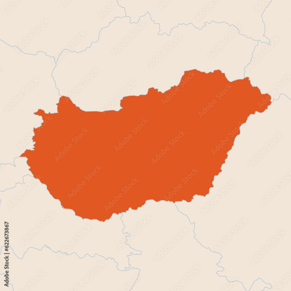 Map of the country of Hungary highlighted in orange isolated on a beige blue background