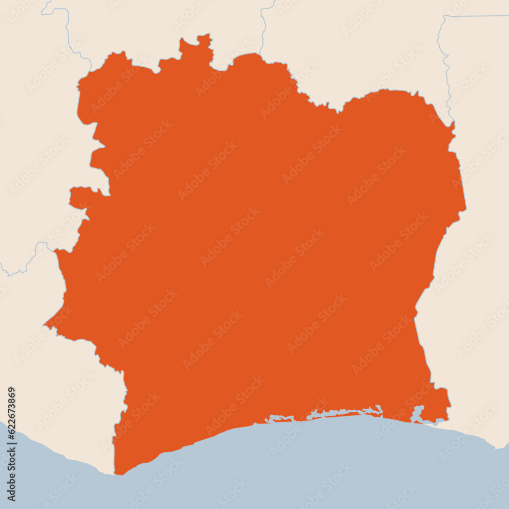 Map of the country of Ivory Coast highlighted in orange isolated on a beige blue background