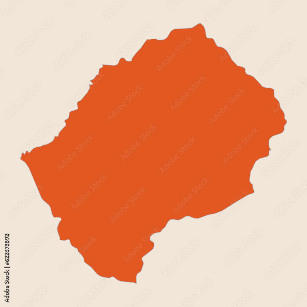 Map of the country of Lesotho highlighted in orange isolated on a beige blue background