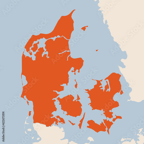 Map of the country of Denmark highlighted in orange isolated on a beige blue background