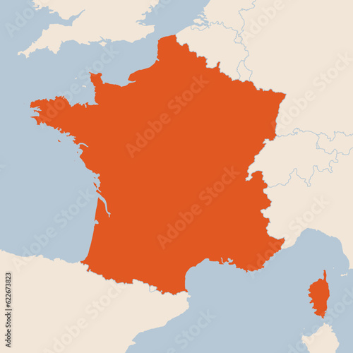 Map of the country of France highlighted in orange isolated on a beige blue background