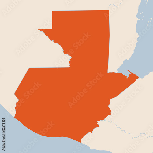 Map of the country of Guatemala highlighted in orange isolated on a beige blue background photo