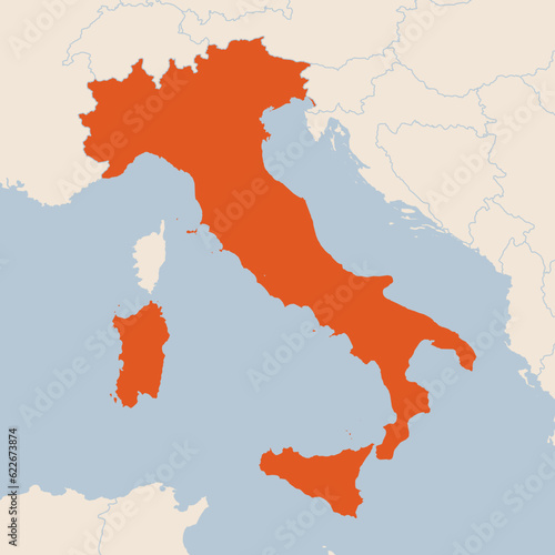 Map of the country of Italy highlighted in orange isolated on a beige blue background