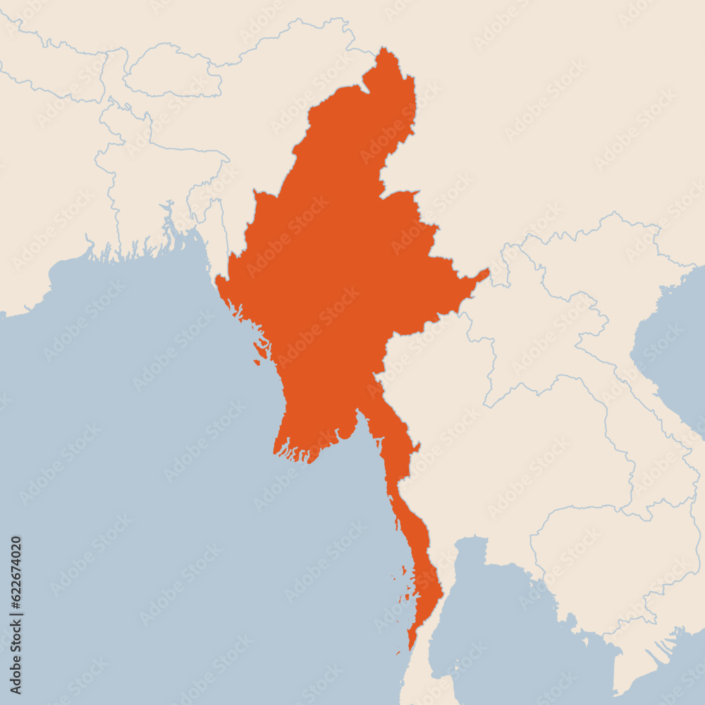 Map of the country of Myanmar highlighted in orange isolated on a beige blue background
