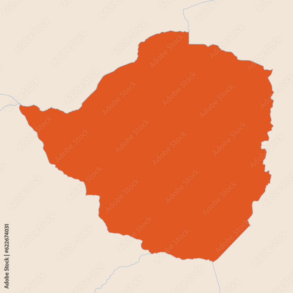 Map of the country of Zimbabwe highlighted in orange isolated on a beige blue background