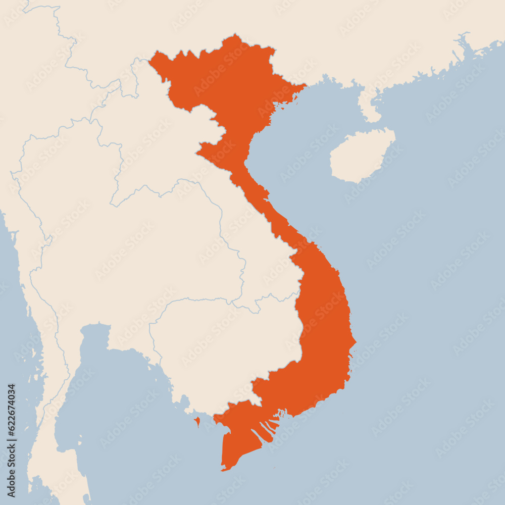 Map of the country of Vietnam highlighted in orange isolated on a beige blue background