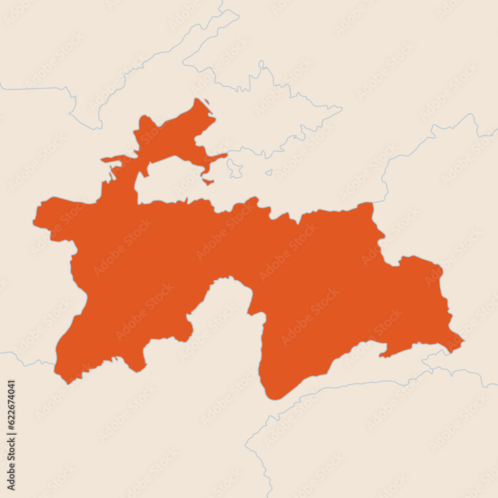 Map of the country of Tajikistan highlighted in orange isolated on a beige blue background