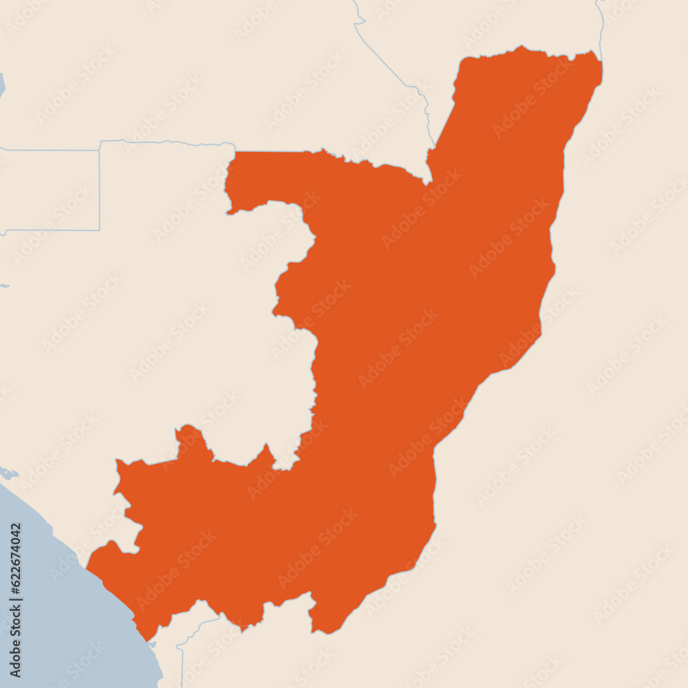 Map of the country of Republic of the Congo highlighted in orange isolated on a beige blue background