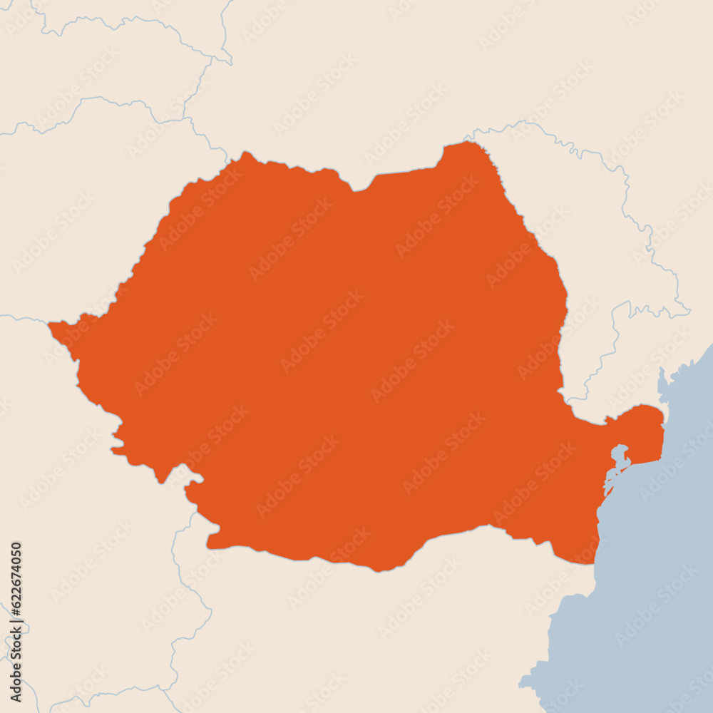 Fototapeta premium Map of the country of Romania highlighted in orange isolated on a beige blue background