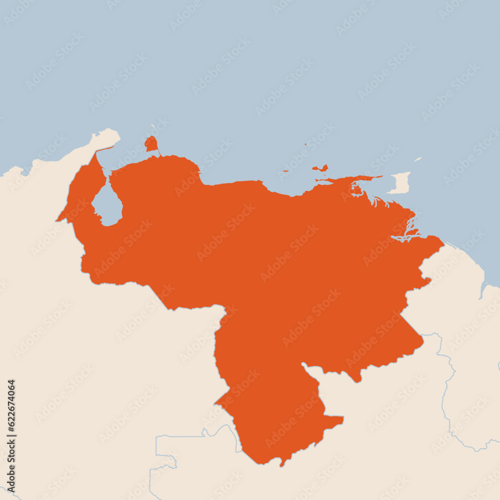 Map of the country of Venezuela highlighted in orange isolated on a beige blue background