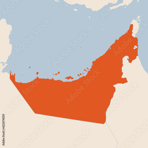 Map of the country of United Arab Emirates highlighted in orange isolated on a beige blue background