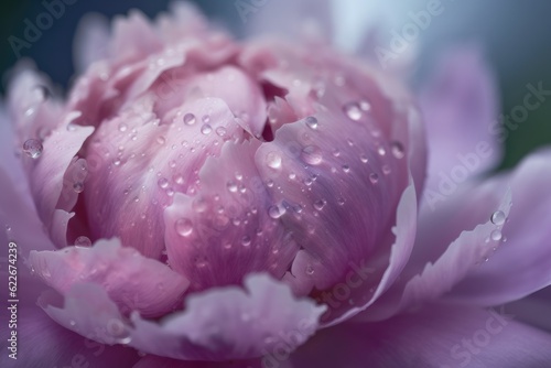 Close up natural background with beautiful water drops on a pink and lilac petal peony. Ai generative.