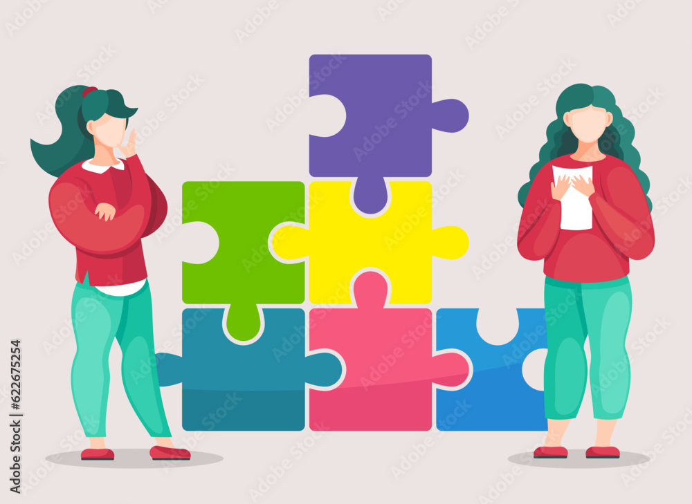 Two brunette girls working at solution of problem. Bussinesswomen working in team, cooperating together, seperated elements of colorful puzzle, making creative collective work, joint business