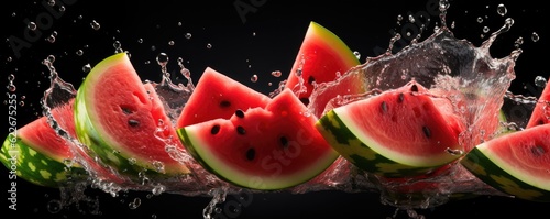 Slides fresh of watermelon on dark background with water drops, summer panorama. Generative Ai.