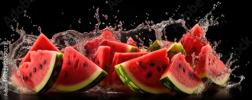 Slides fresh of watermelon on dark background with water drops, summer panorama. Generative Ai.