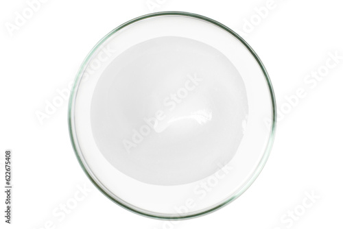 Petri dish isolated on empty background. A smear of cosmetic cream in a Petri dish.