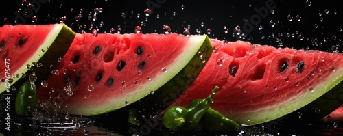 Easy slide fresh of watermelon on dark background with water drops, summer panorama. Generative Ai.