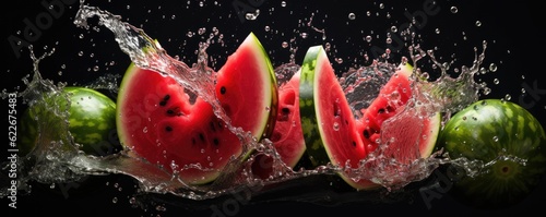 Easy slide fresh of watermelon on dark background with water drops, summer panorama. Generative Ai.