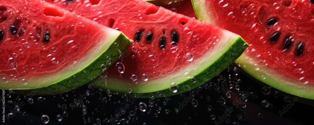 Easy slide fresh of watermelon on dark background with water drops, summer panorama. Generative Ai.