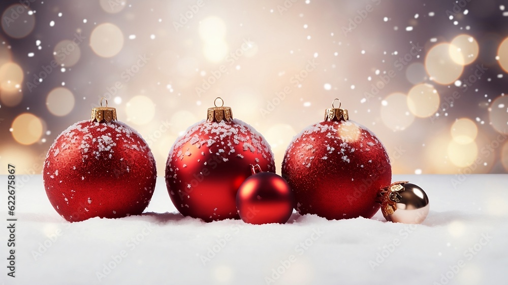 Fototapeta premium Big and small red Christmas decorative balls on snow on white background with golden blurred lights. Generative AI