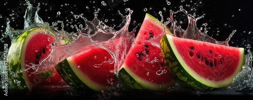 Easy slide fresh of watermelon on dark background with water drops, summer panorama. Generative Ai.