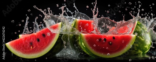 Easy slide fresh of watermelon on dark background with water drops, summer panorama. Generative Ai.