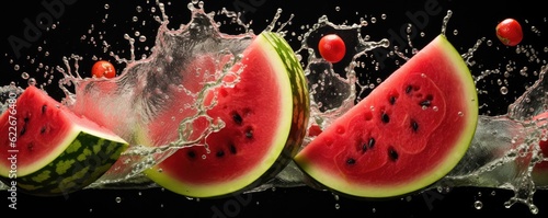 Easy slide fresh of watermelon on dark background with water drops, summer panorama. Generative Ai.