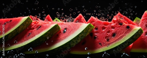 Easy slide fresh of watermelon on dark background with water drops, summer panorama. Generative Ai.