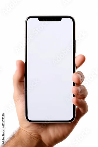 Phone in hand with a white screen on a gray background