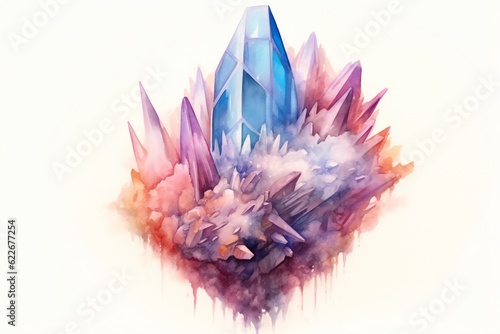 Fantasy watercolor crystal on white background Generative AI 