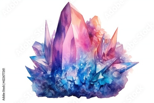 Fantasy watercolor crystal on white background Generative AI 