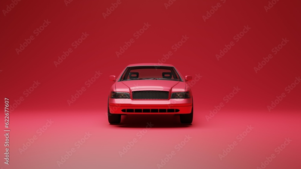 Red classic car on red background 3d illustration. Background, wallpaper image